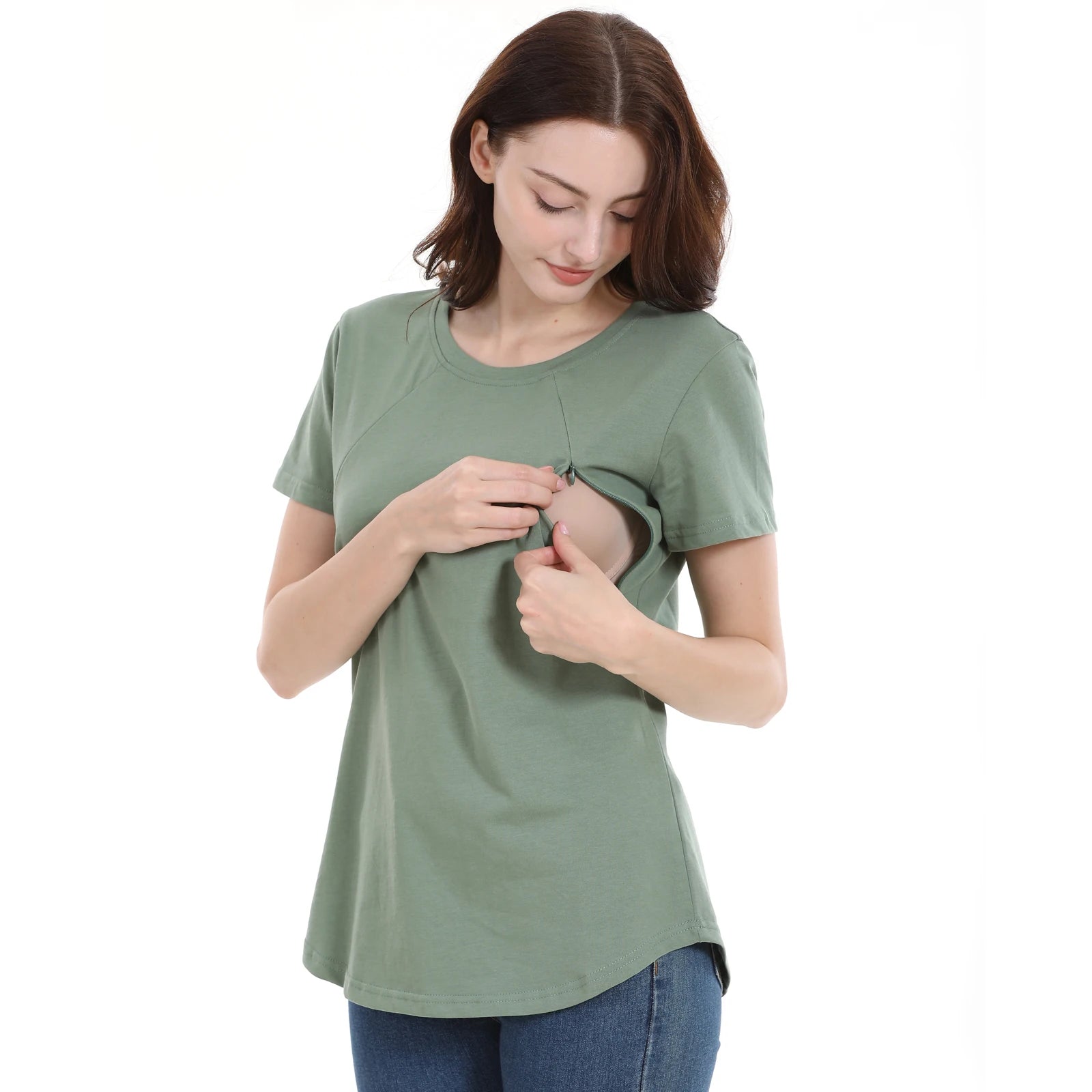 Emotion Moms New Women Maternel T-Shirt Short Sleeve Stretch Cotton Tops Zipper Breastfeeding Loose Pregnant Clothes Big Size