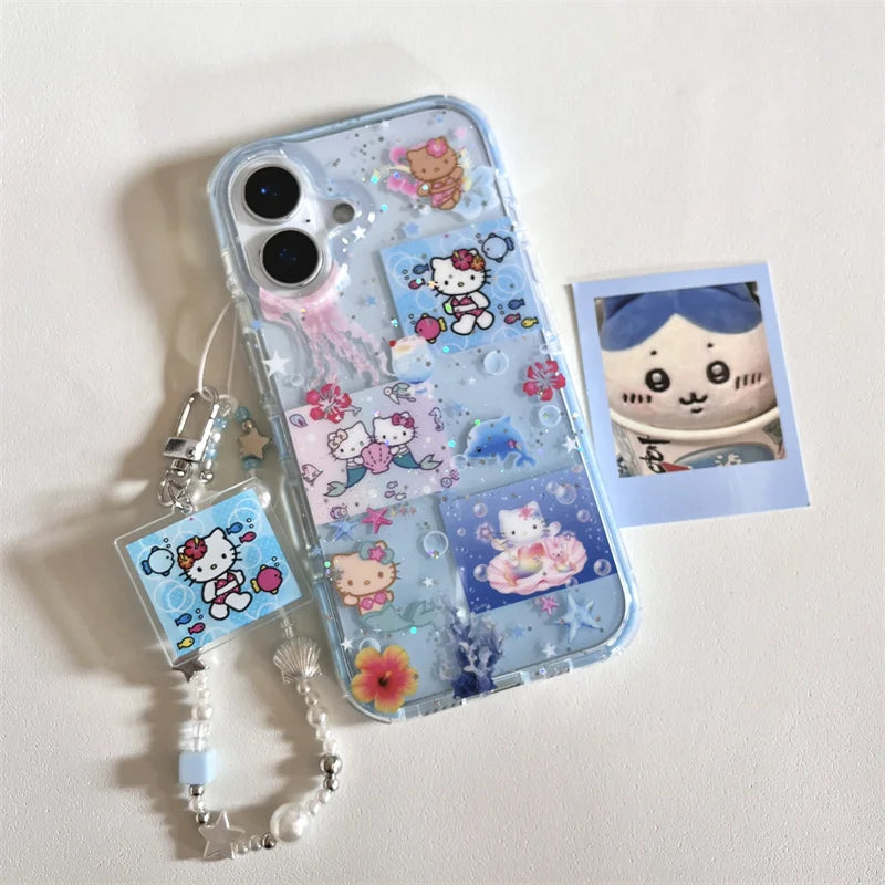 Korean Blue Ocean Hello Kitty Pattern Beach Phone Case For iPhone 11 12 13 14 15 16 Pro Max XS XR X 7 8 Plus Silicone Soft Cover