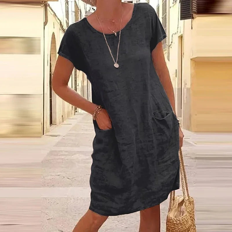 Women's Solid Color Large Pocket Loose Short Sleeved Dress for Summer Comfort