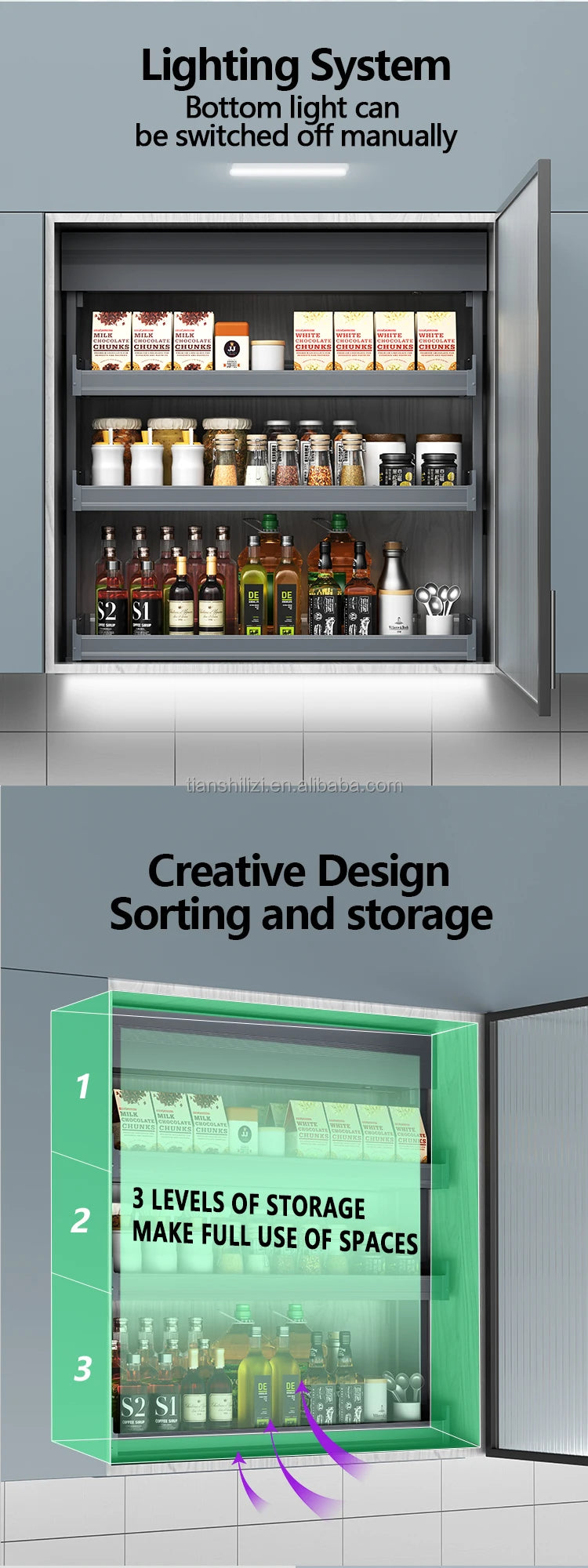 Wholesaler Electric Kitchen Cabinet Design Customized Smart Lift Kitchen Storage 3 Layers Automatic Lift Basket Cabinet