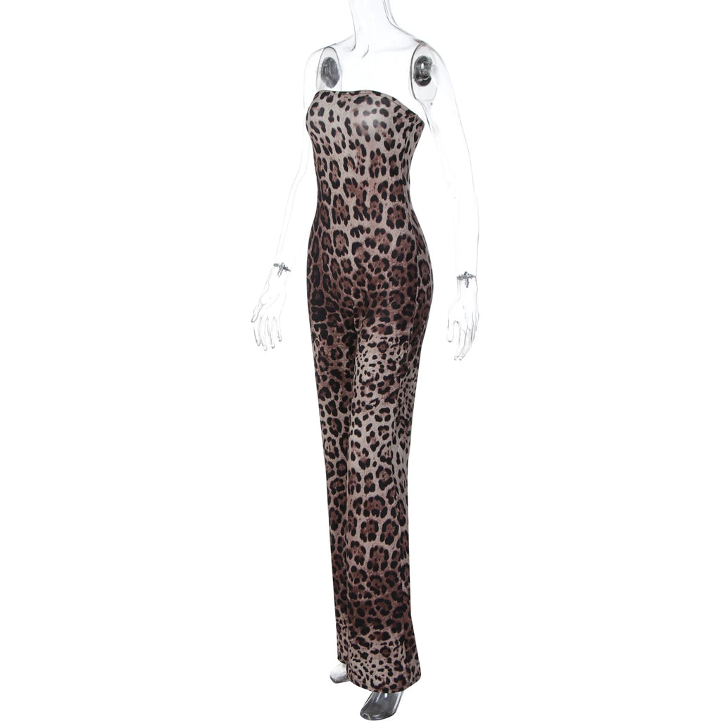 Dulzura Chest Wrapping Backless Slim Leopard Print Jumpsuit Women'S Fashion Sexy Elegant Romper Party Club Street Summer Clothes