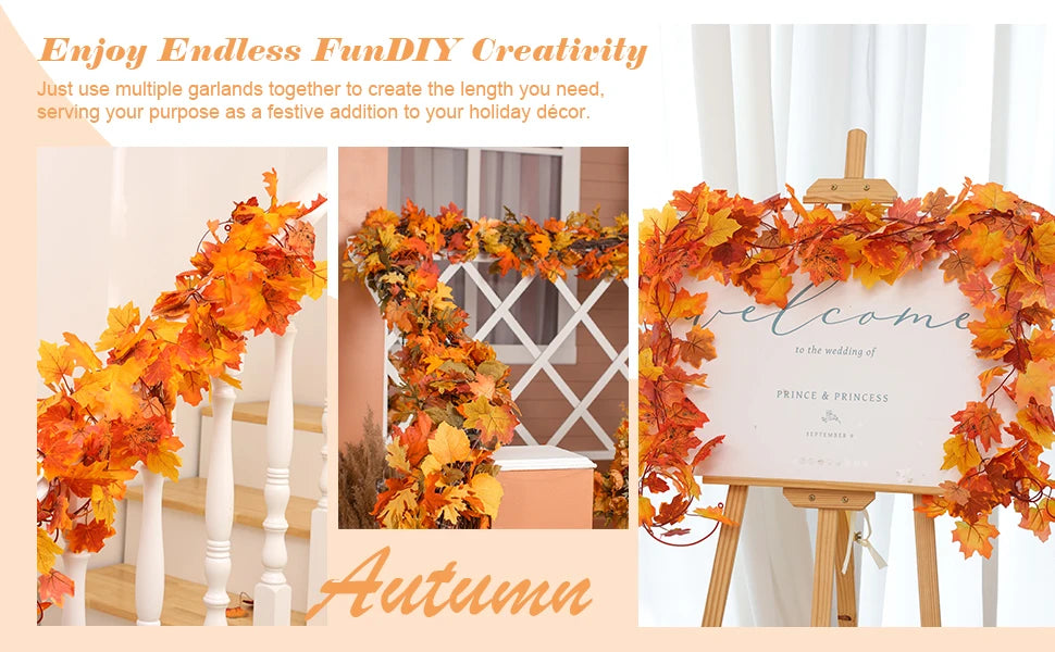 2M Artificial Maple Leaf Garland Autumn Leaves Fake Plant Vine for Fall Festival Wedding Halloween Thanksgiving Room Table Decor