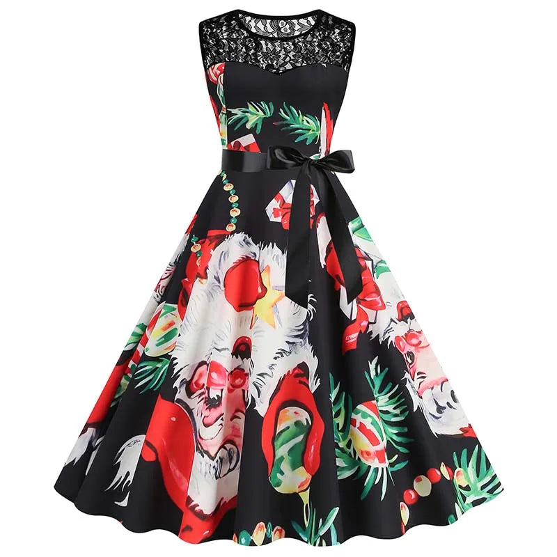 Christmas Dress Women Vintage 50s Lace Sleeveless Print Party A Line Santa Claus Sundress Runway Midi Pinup Flare Dresses