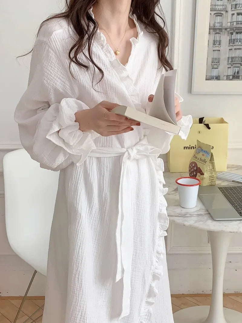 Women's Spring and Summer New Simple Long-Sleeved Robe Girls Sweet Ins Wind Ruffled Thin Section of Solid Color Pajamas Home Wea