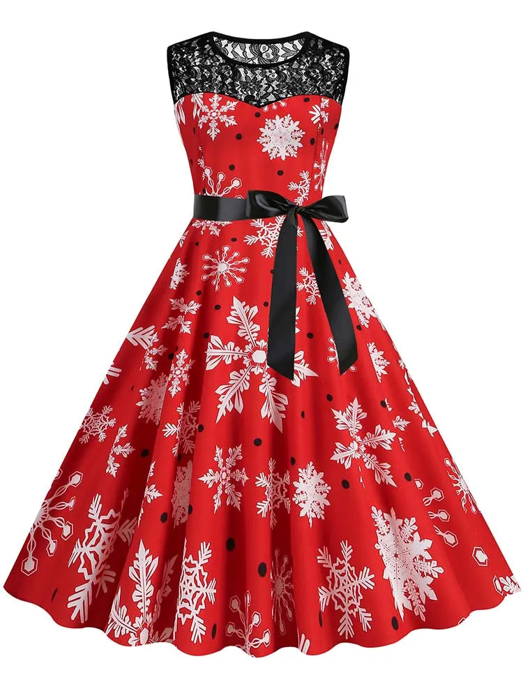 Christmas Dress Women Vintage 50s Lace Sleeveless Print Party A Line Santa Claus Sundress Runway Midi Pinup Flare Dresses