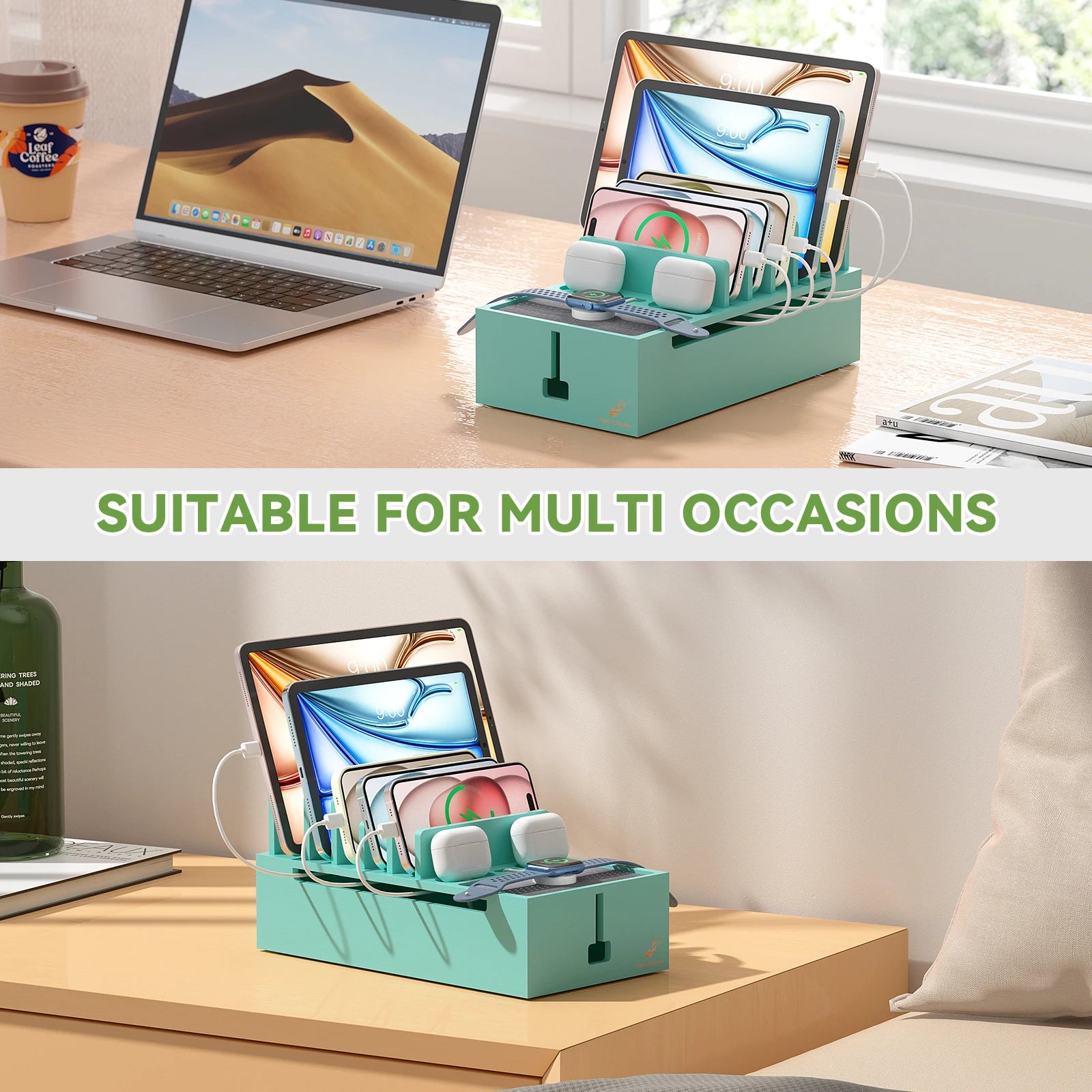 Bamboo Charging Station for Multiple Devices Charger Dock Holder Stand for Cell Phone and Tablet Electronic Devices Organizer