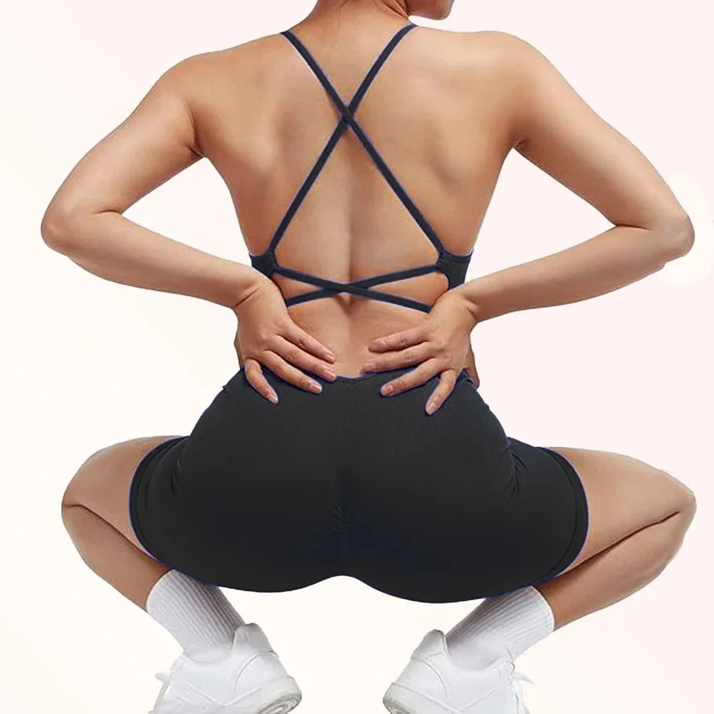 Yoga Sxy Criss Cross Backless Cami Sports Romper,Women's Jumpsuits Ribbed One Piece Workout Sleeveless Rompers Tank Top Shorts