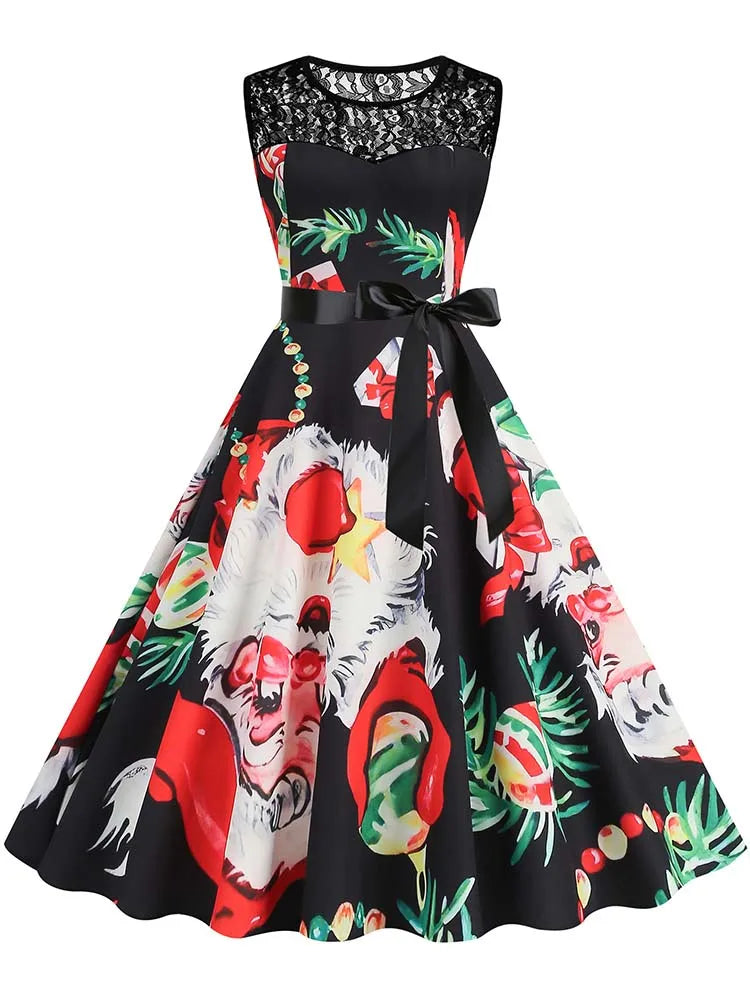 Christmas Dress Women Vintage 50s Lace Sleeveless Print Party A Line Santa Claus Sundress Runway Midi Pinup Flare Dresses