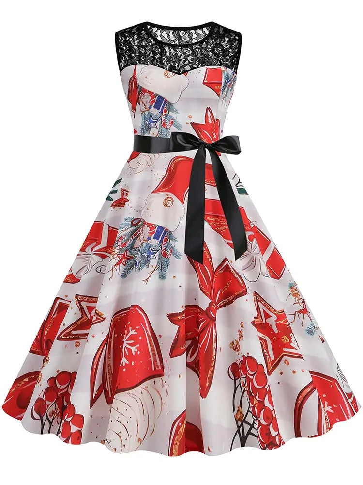 Christmas Dress Women Vintage 50s Lace Sleeveless Print Party A Line Santa Claus Sundress Runway Midi Pinup Flare Dresses