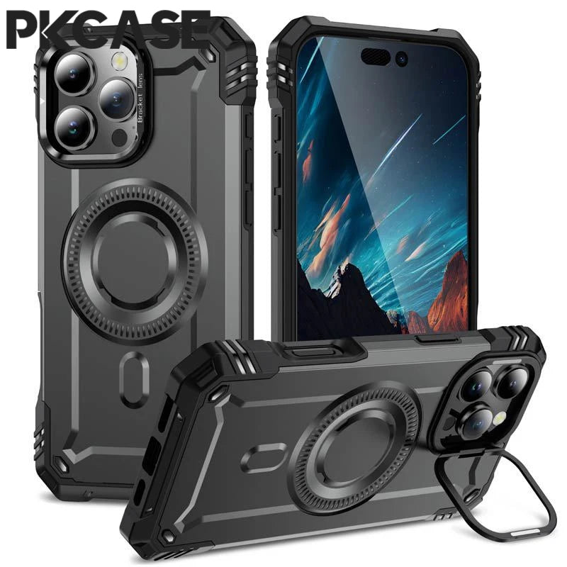PKCASE Military Shockproof Bracket Case For iPhone 16 15 14 Plus Pro Max For Magsafe Magnetic Armor Cover