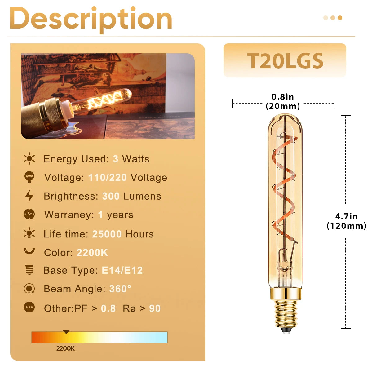 T20 Long Tube Led e14 Bulb Vintage 220V E12 110V Dimmable 3W Indoor Amber Pendant Wam White Retro Filament Lamp Decoration Light