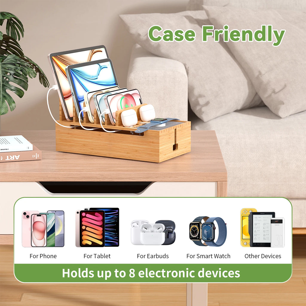 Bamboo Charging Station for Multiple Devices Charger Dock Holder Stand for Cell Phone and Tablet Electronic Devices Organizer