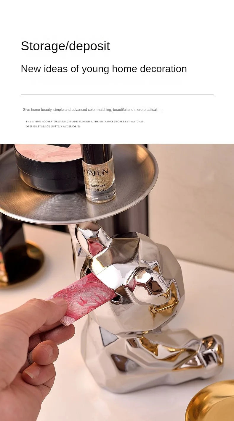 Geometric bear statue with tray storage, ceramic plating piggy bank, key, cosmetic storage box, bookshelf statue decoration.