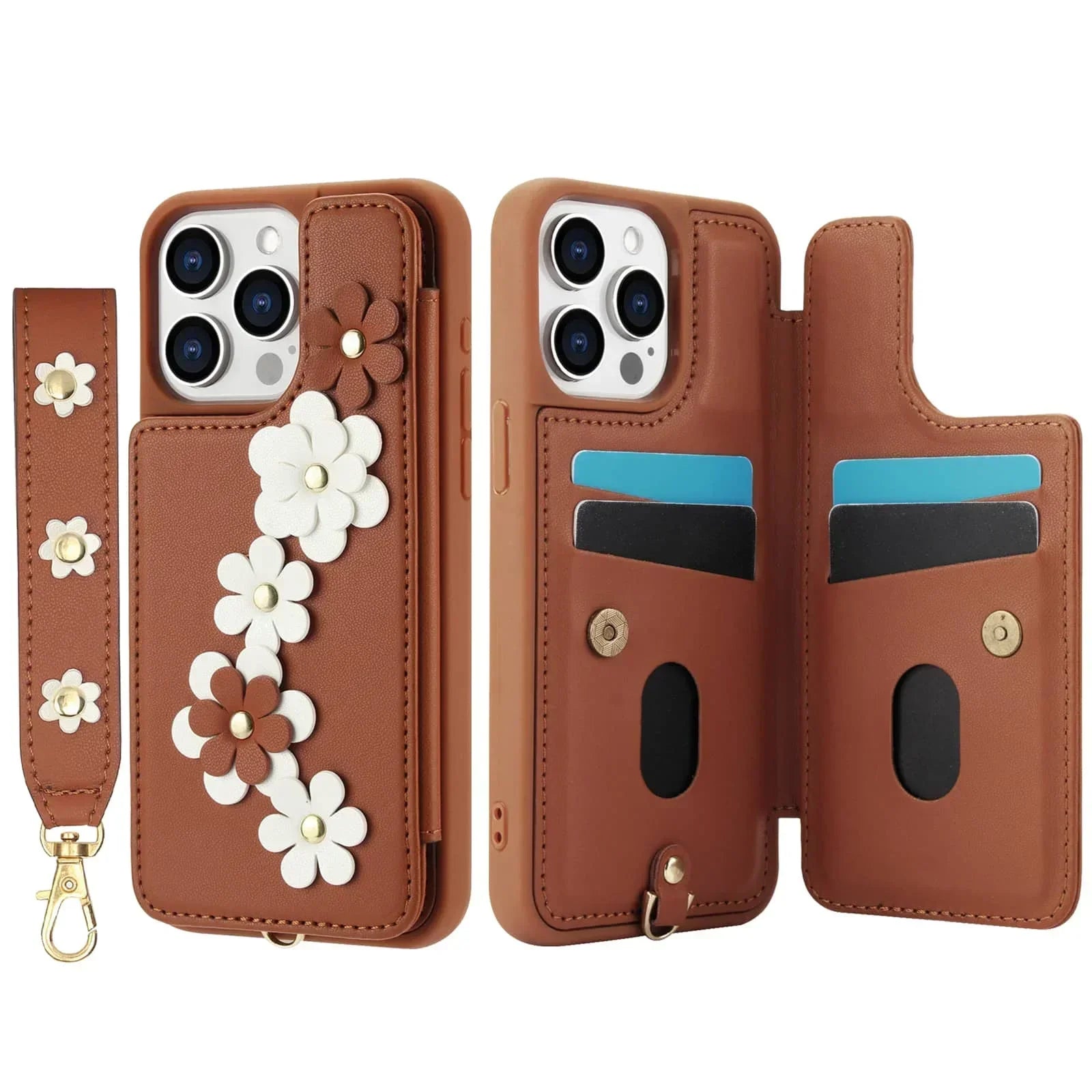 For iPhone 16 15 14 Pro Max Plus Case, Wallet with Card Holder, Cute Flower Design Crossbody Purse, Magnetic Kickstand Cover