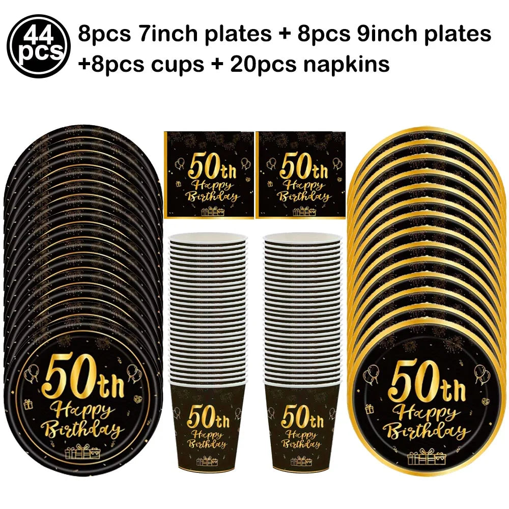 50th Birthday Party Supplies for Men Women Black and Gold 50 Years Old Party Paper Plates Cups Napkin Tablecloth Tableware Decor