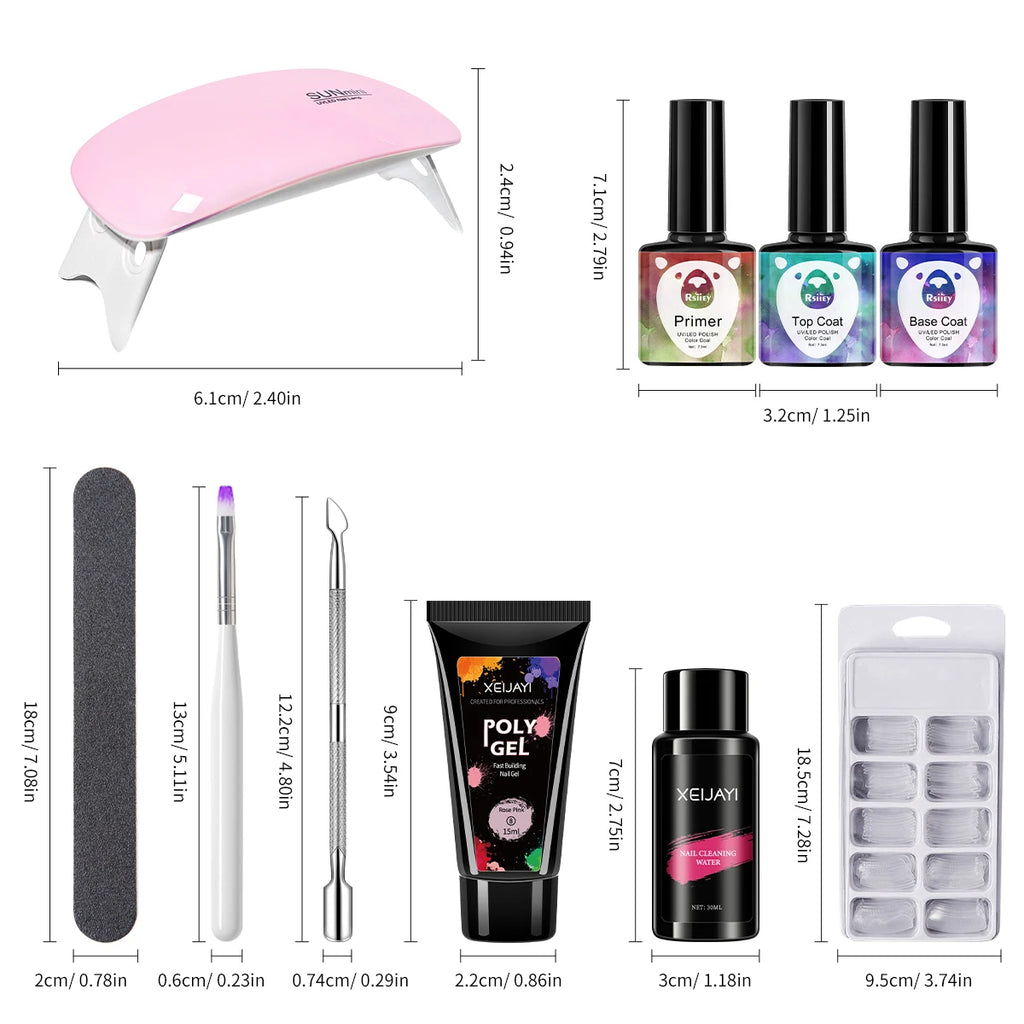 3pcs 15ml Poly Nail Gel Full Set For Extention Gel Polish Steal Push, Base And Top Coat, Cleaning Water And Nail Mold Kit Set