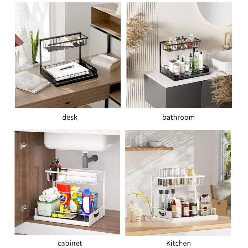 Under Sink 2 Tier Sliding Cabinet Basket Organizer Drawer Pull-Out Cabinet Organizer For Bathroom and Kitchen