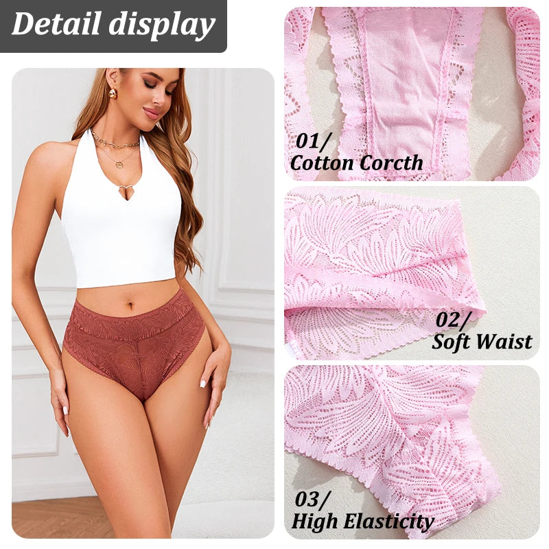 4PCS/Set Women Floral Lace Thongs Sexy Perspective G-String Mid Waist T-back Female Breathable Intimates Brazilian Underwears