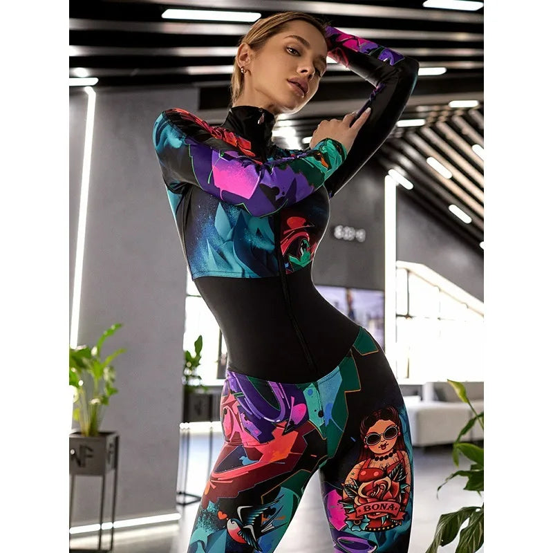 Woman Clothes Colorful Long Jumpsuits 2026 New Skinny Wrap Zipper Collar Long Sleeve Slim Fit Fitness Workout Sportwear 154652