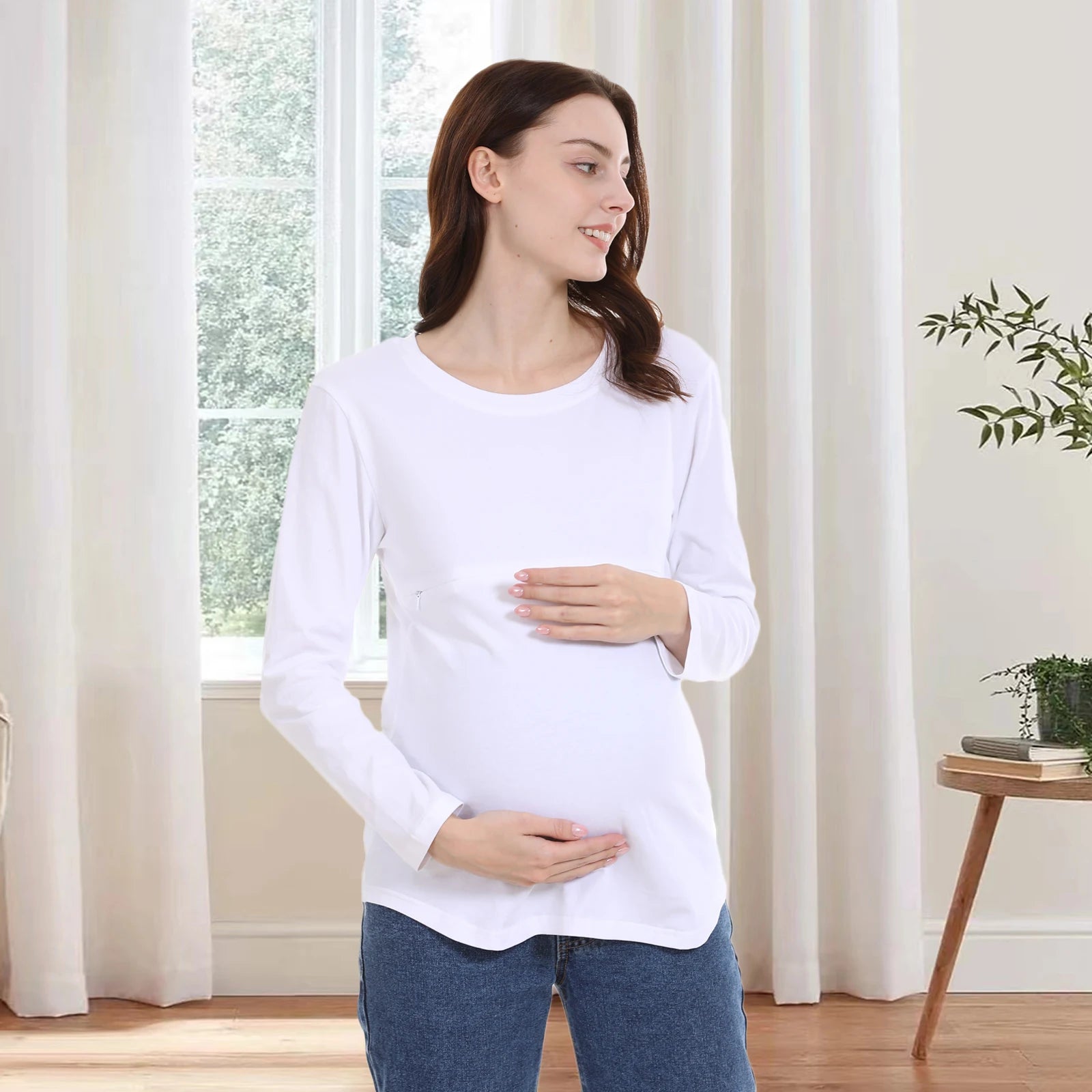 Breastfeeding T Shirt Maternity Clothes Long Sleeve Pregnancy Loose Hem Nursing Tee Spring Autumn Good Stretch Cotton