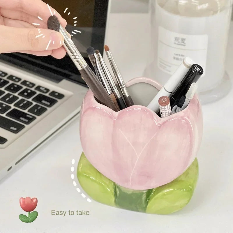 Flower Pen Holder Ceramic Desktop Decoration Desk Office Storage Box Stationery Shelf Storage Tank Living Room Decoration