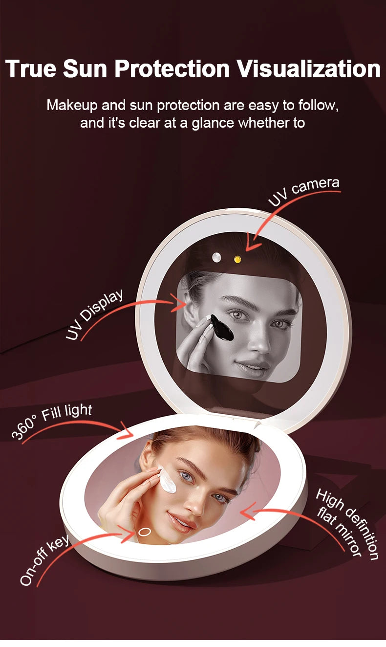 Mini Portable Makeup Mirror 2.8-Inch Display Smart LED Sunscreen Detection Compact Travel Size for Beauty On-the-Go