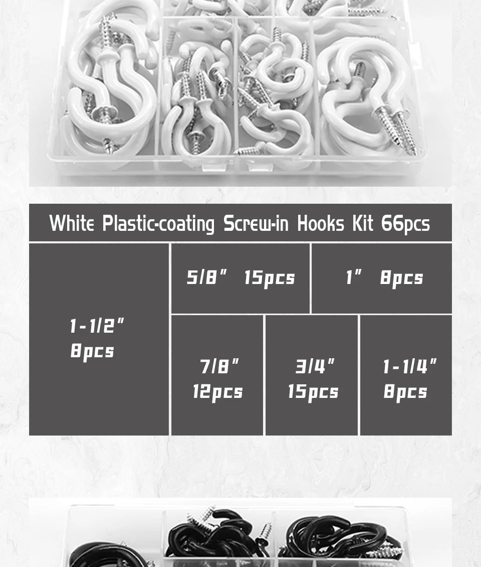 NINDEJIN 66pcs Screw hooks 3/4"-1-1/2" Black White Heavy Duty Screw in Hook Hanger Wood Wall Ceiling Hooks for Kitchen Shelf