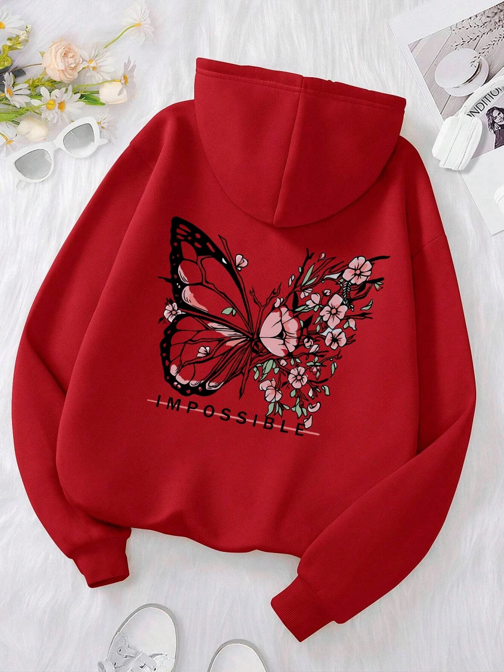 Rose Butterfly Impossible Letter Graphic Print Women Sweatshirt Fashion Warm Hooded Loose Casual Hoodies Fleece Soft Clothing