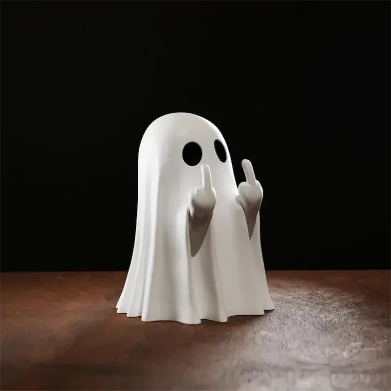 Cute Ghost Resin Statue Middle Finger Figurine Spooky Halloween Decor For Shelf Mantel Coffee Table Display Home Party Ornament