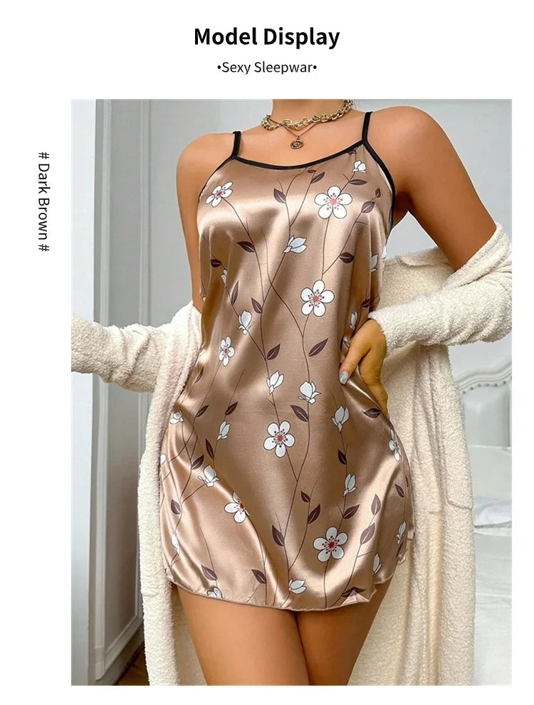 Women's Sleepwear Summer Floral Print Satin Nightgown Casual Sleeveless Backless Slip Night Dress Sexy Nightdress Home Clothes