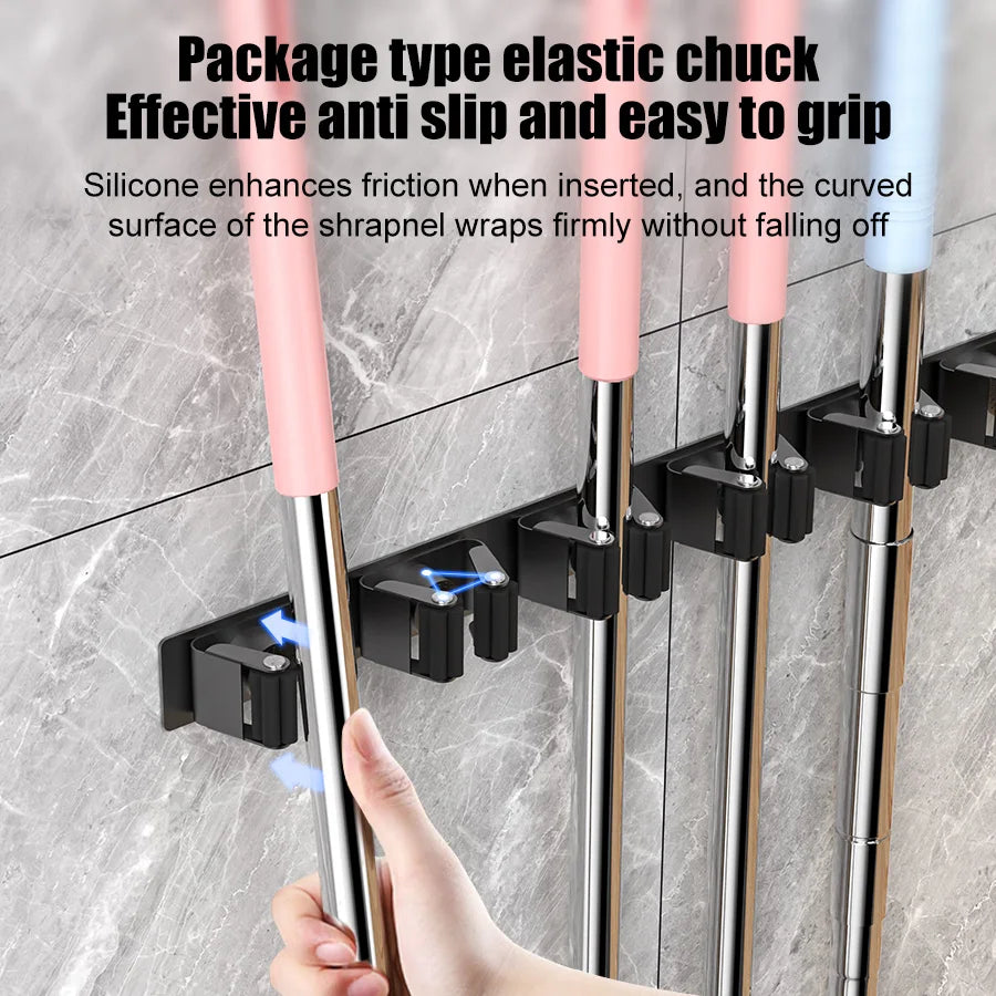 Mop Broom Holder 6 Position Multi-Functional Broom Hanger Shelf Bathroom Organization Accessories Home Kitchen Storage