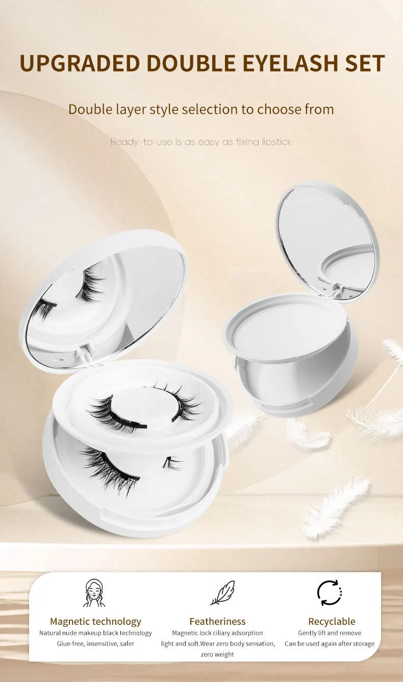 2pairs Magnetic False Eyelashes New Style Glue-Free Mink False Eyelashes Natural Nude Makeup With Mirror Reusable Beauty