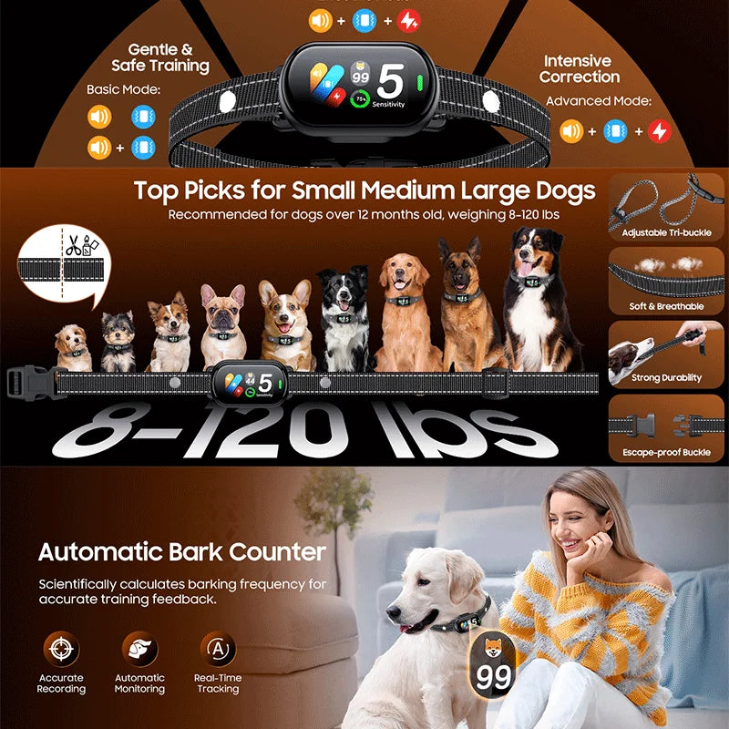 New Pet Dog Barking Collar with Sound Vibration Shock IP67 Waterproof Functions Smart Dog Sound Recognition System TFT screen