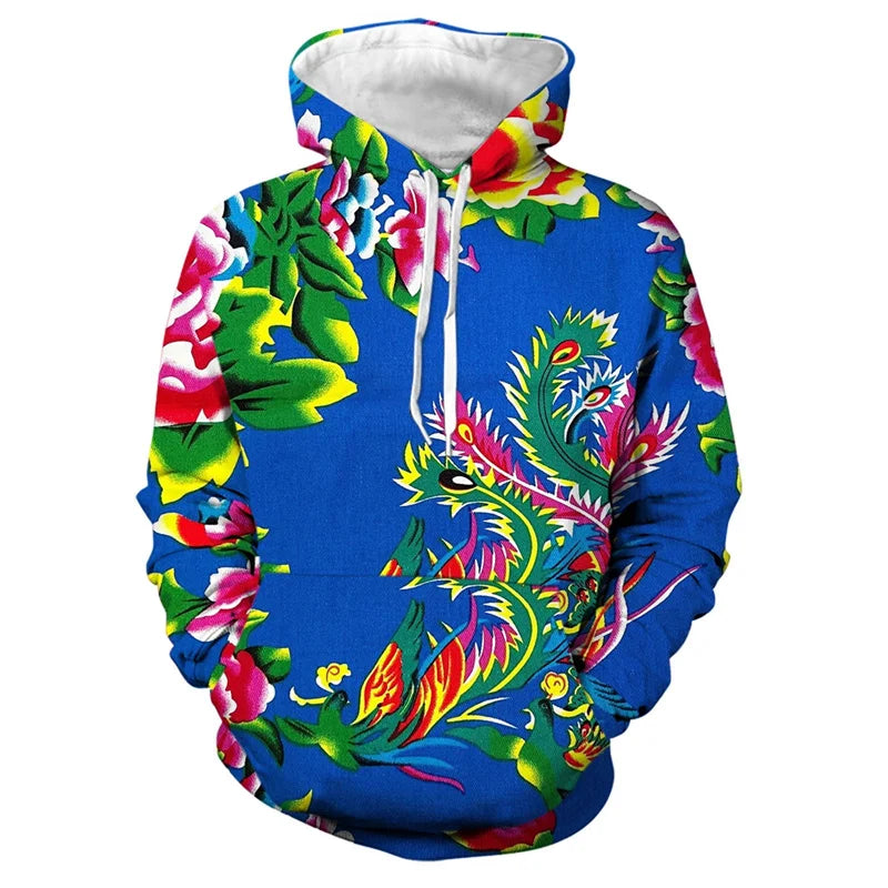 Men's 3d Print Floral Hooded Sweatshirt Chinese DongBei Style Flowers Graphic Hoodie Long Sleeves Pullovers Tops Women Clothes