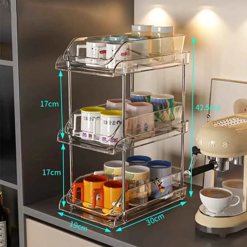 Cup Storage Rack Kitchen Cabinet Bar Double Tea Set Mug Holder Multifunctional Sundry Organization Countertop Pull Out Shelf