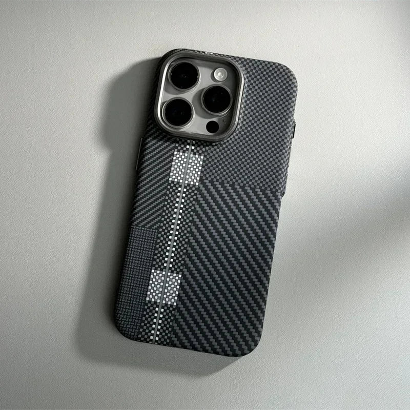 For iPhone 16 15 14 Pro Max Case Carbon Fiber Abstract Geometric MagSafe Cover Magnetic Charging Shell Camera Alloy Armor Fundas