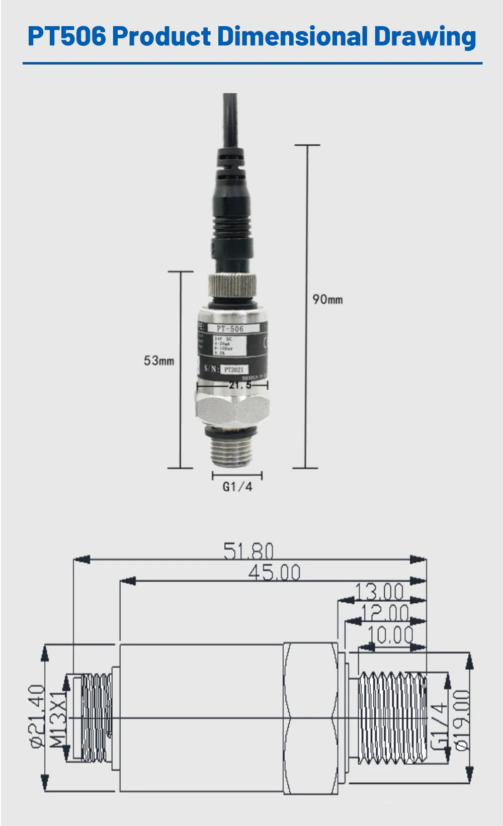 0.5%FS Pressure Transducer 0-1/1.6/2.5Mpa IP68 PT506 Pressure Transmitter Variable Frequency Water Pump Sensor DC24V G1/4 4-20mA