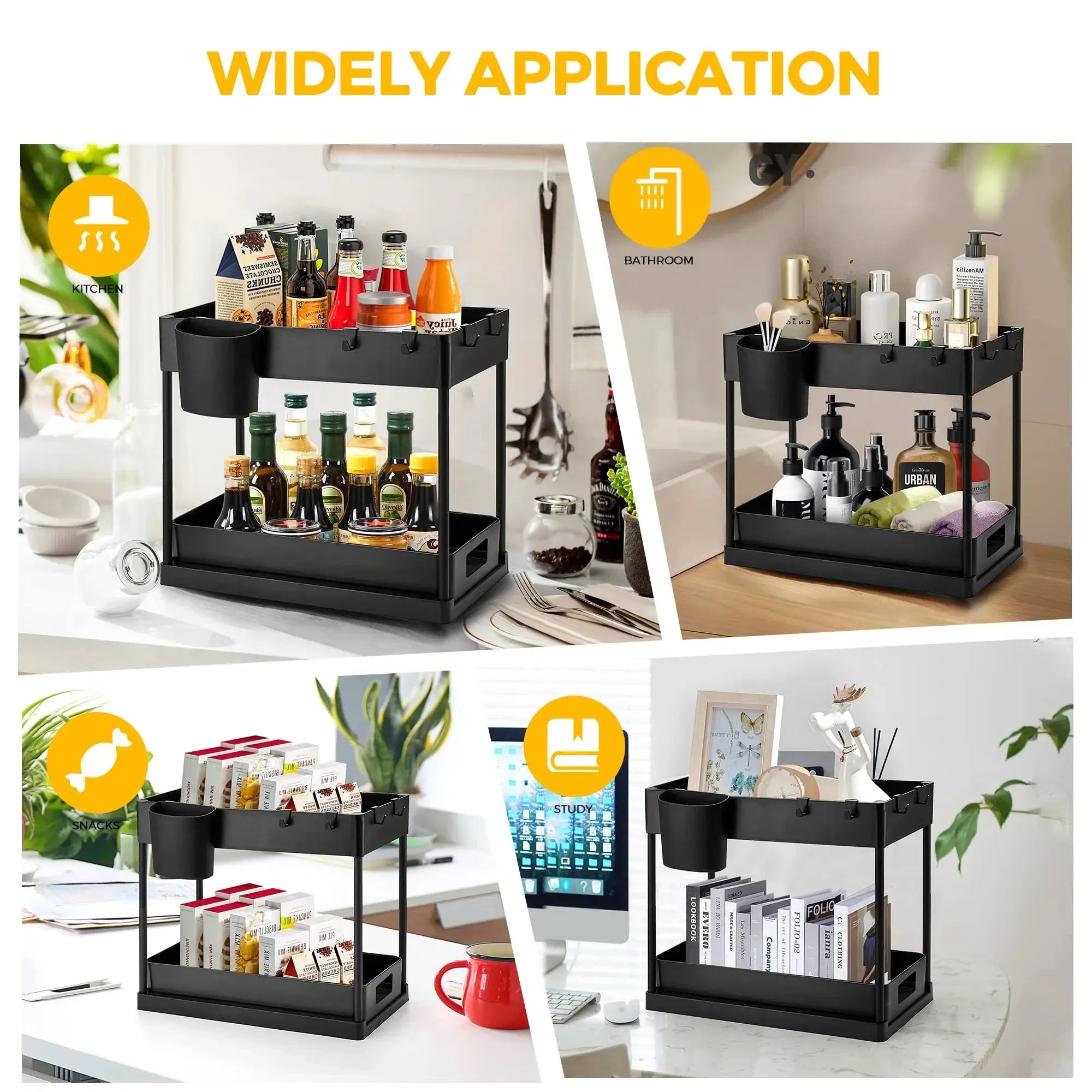 2 Tier Under Sink Organizer Sliding Cabinet Basket Organizer Storage Rack with Hooks Hanging Cup Bathroom Kitchen Organizer