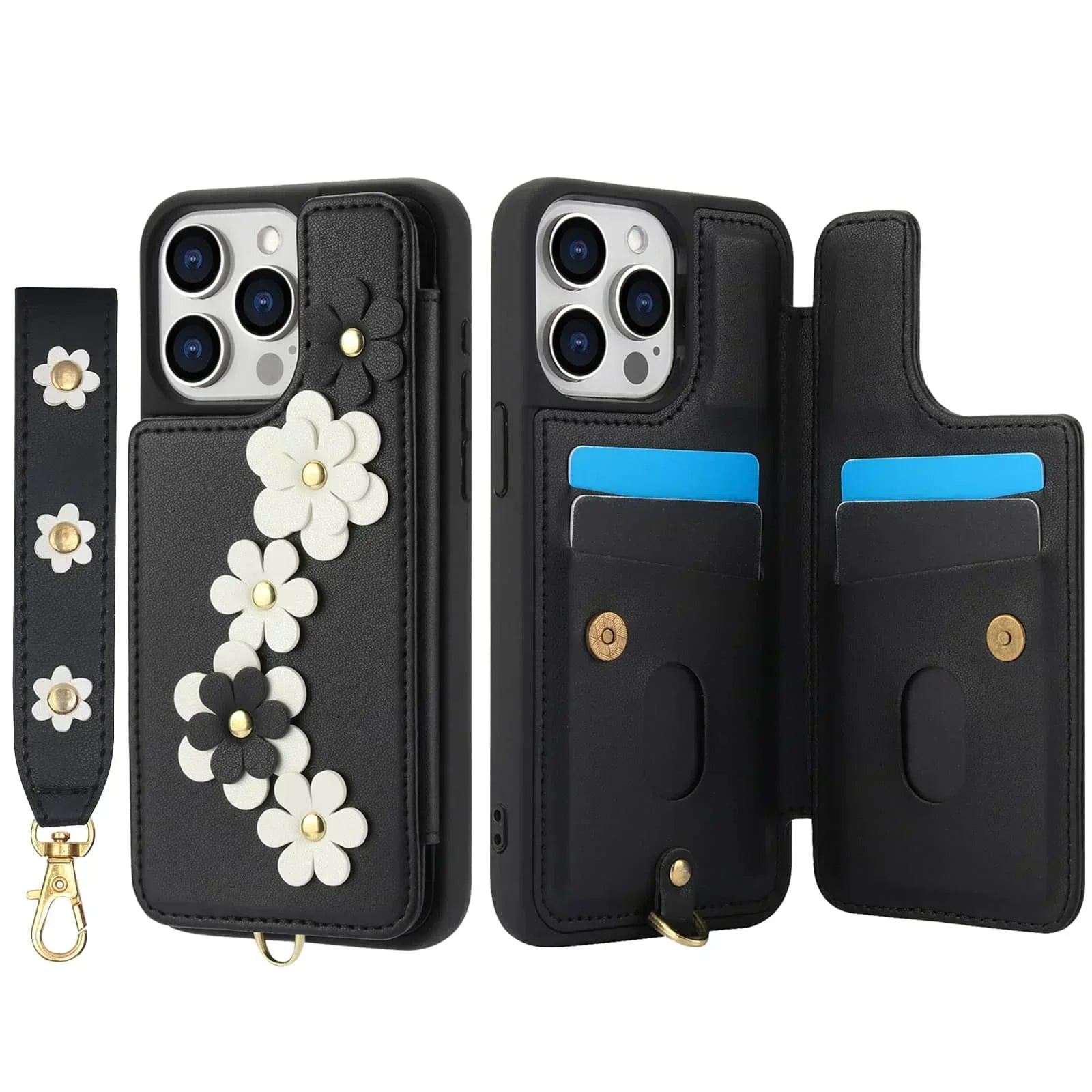 For iPhone 16 15 14 Pro Max Plus Case, Wallet with Card Holder, Cute Flower Design Crossbody Purse, Magnetic Kickstand Cover