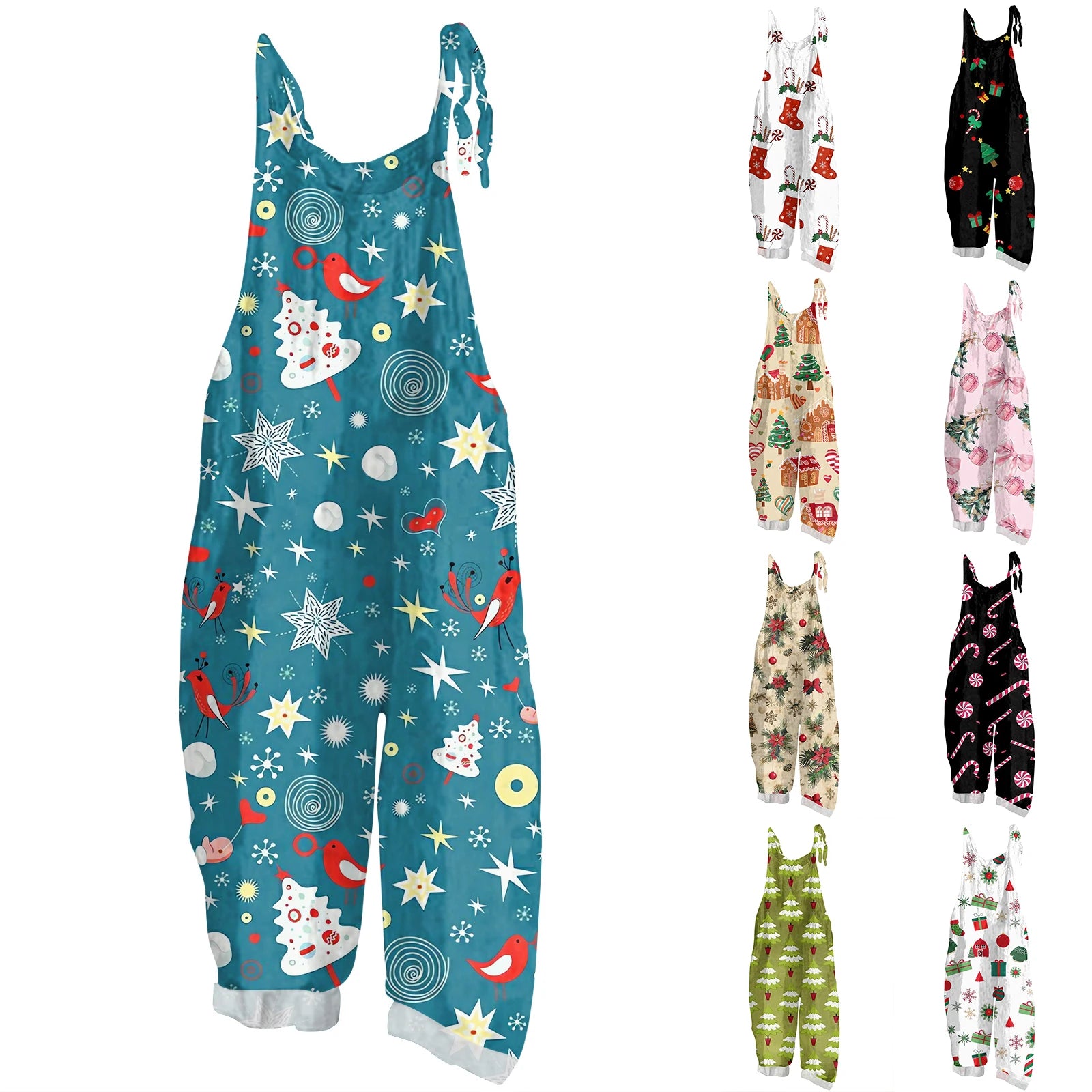 2025 Women's Fashion Christmas Printed Casual Loose Vintage Strappy Jumpsuit Retro Festival Pants New Year Themed Clothing