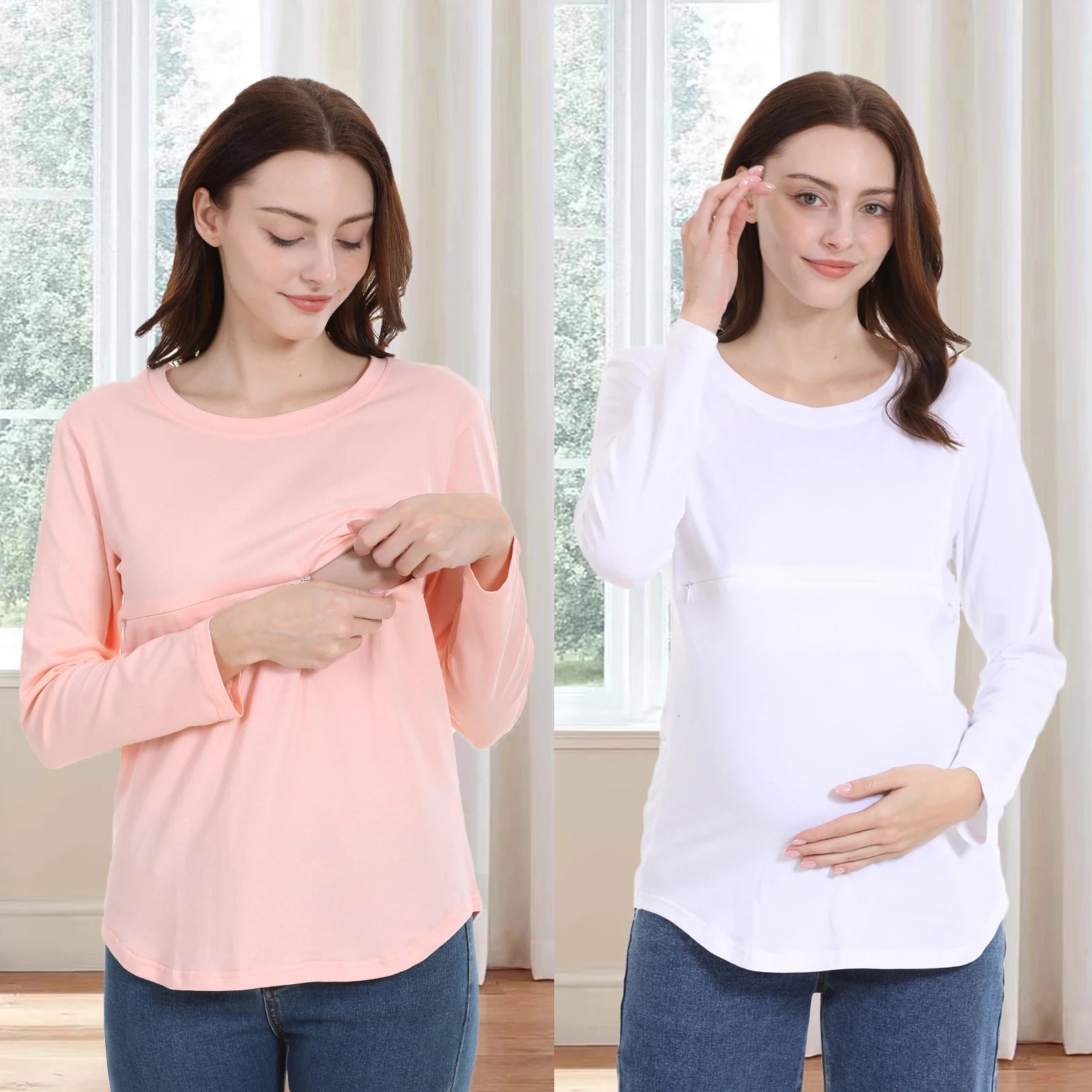 Breastfeeding T Shirt Maternity Clothes Long Sleeve Pregnancy Loose Hem Nursing Tee Spring Autumn Good Stretch Cotton