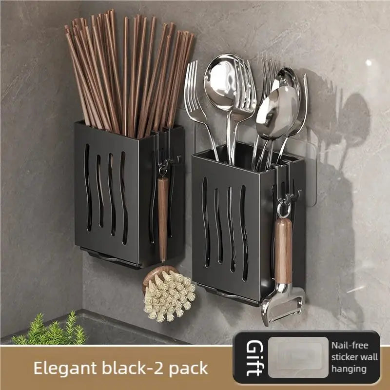 Kitchen Wall Mounted Shelf Multifunctional Chopstick and Spoon Cylinder No Hole Installation Drainage Basket Tableware Storage