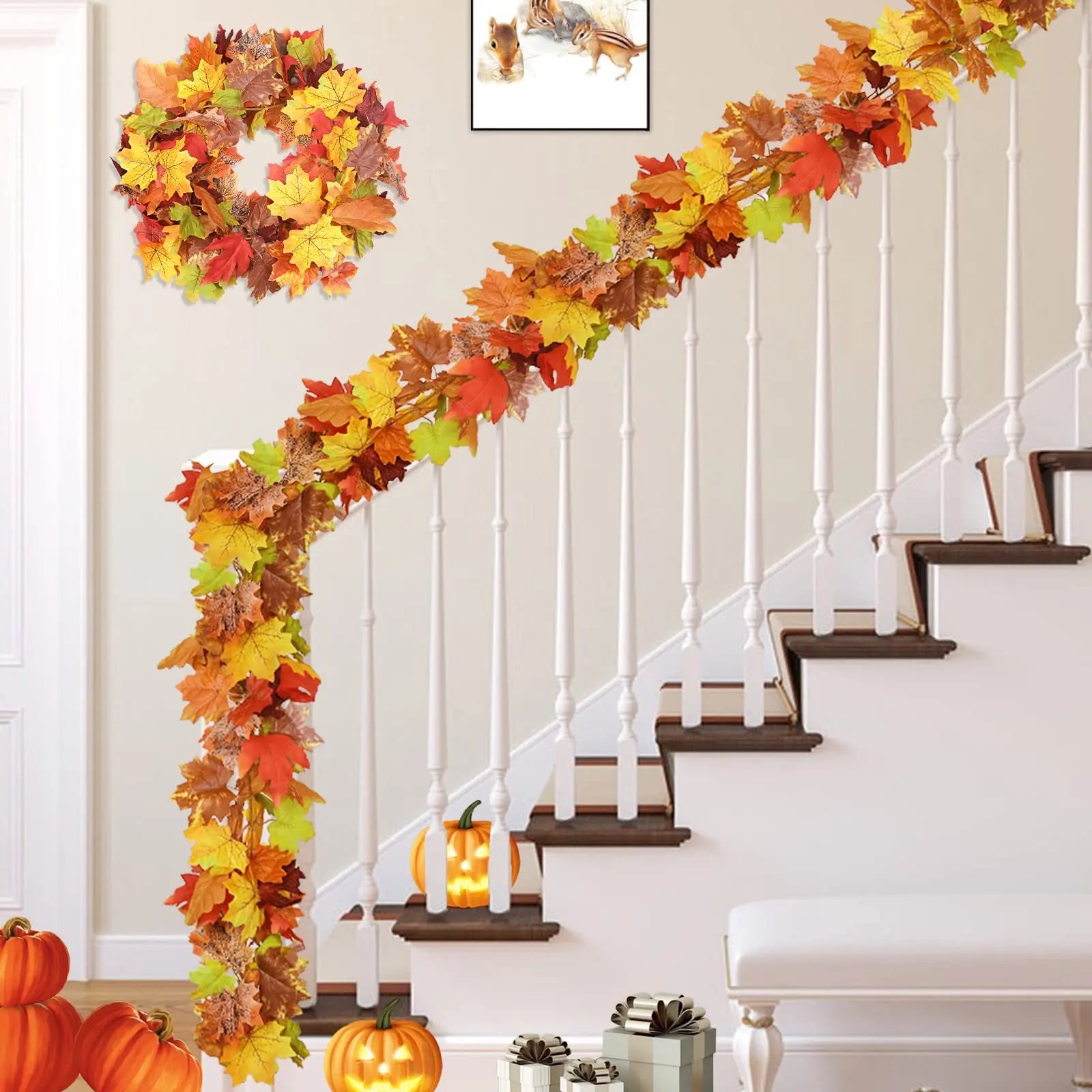 2M Artificial Maple Leaf Garland Autumn Leaves Fake Plant Vine for Fall Festival Wedding Halloween Thanksgiving Room Table Decor