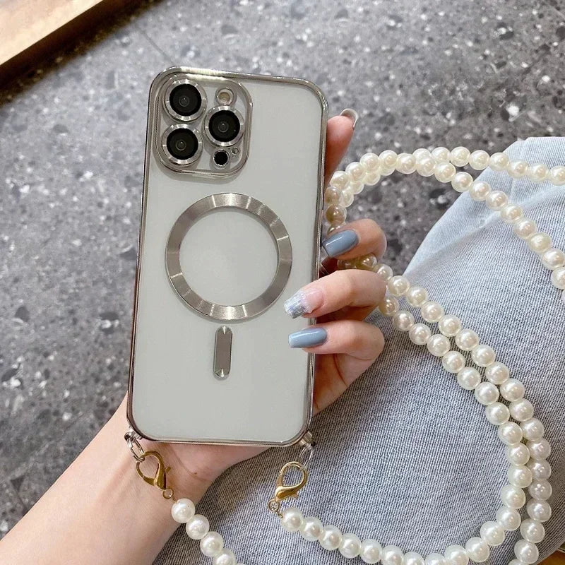 【Pearl Plating】Adjustable Crossbody Lanyard Case for iPhone 16/15 Pro Max/14/13/12/11 ProMax PlusShockproof Magnetic Phone Cover