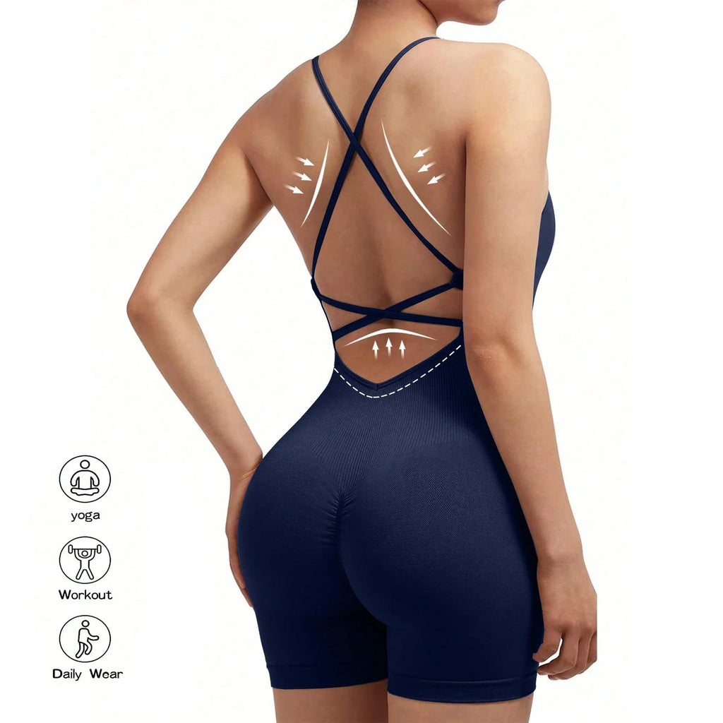 Yoga Sxy Criss Cross Backless Cami Sports Romper,Women's Jumpsuits Ribbed One Piece Workout Sleeveless Rompers Tank Top Shorts