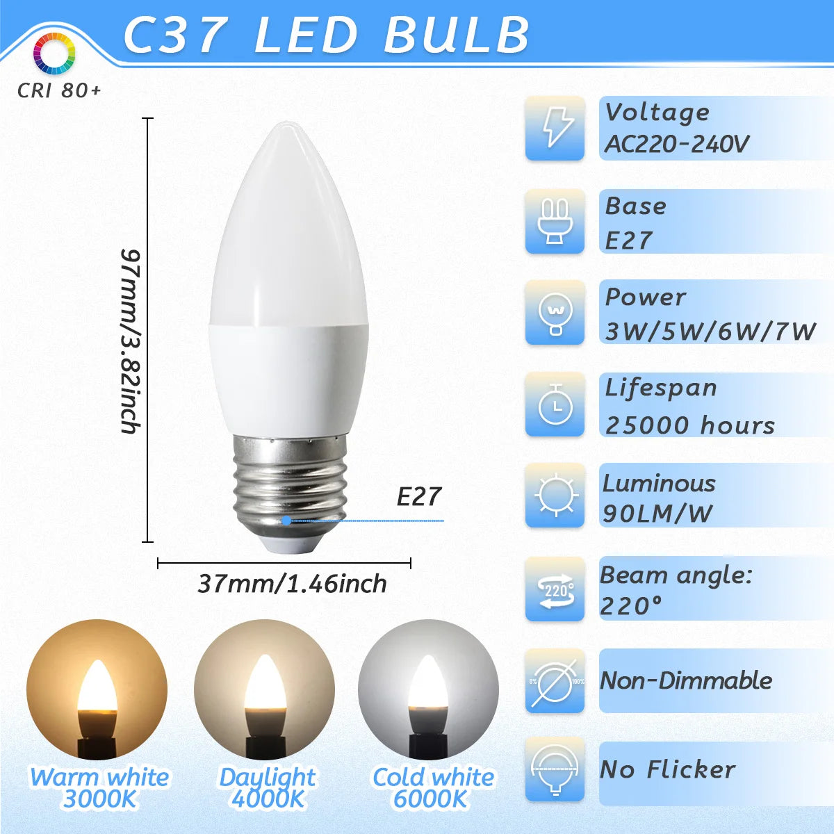 10PCS/LOT LED Candle Light Mini Bulb C37 G45 AC220V E14 E27 B22 Head Light Flicker-free 3W-7W Suitable for Home Study Lighting