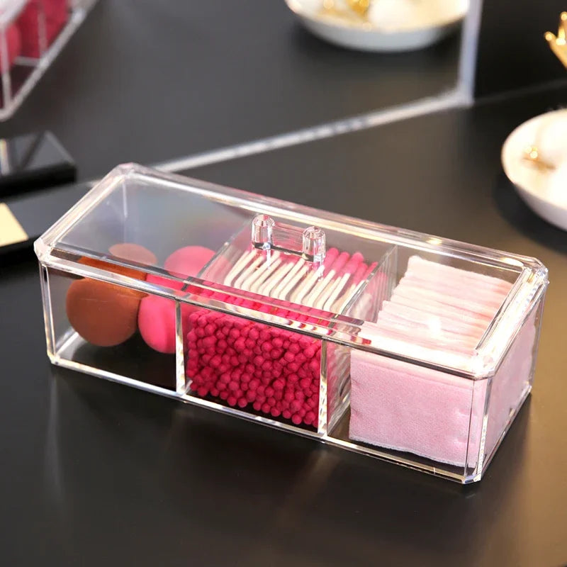 1pc Transparent Cosmetic Storage Box Acrylic Make Up Organizer Three Grid Cotton Swab Cotton Pad Storage Box Home Organization