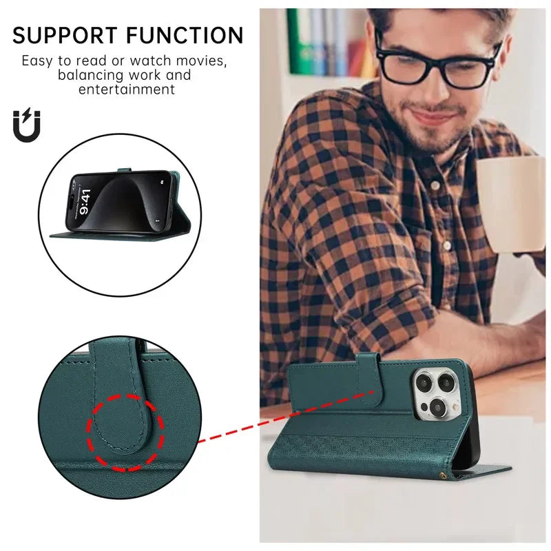 Luxury Leather Wallet Phone Case for iPhone 17 Air 16 15 14 Pro Max 16E 13 12 Mini 11 XS XR Max SE 8 7 Plus Flip Stand Cover