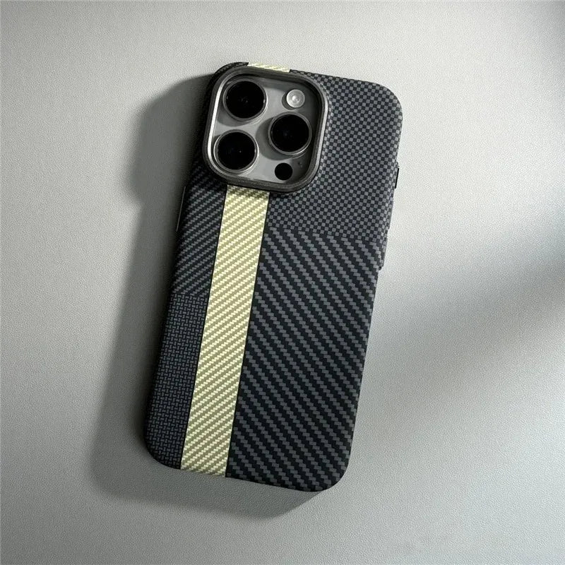 For iPhone 16 15 14 Pro Max Case Carbon Fiber Abstract Geometric MagSafe Cover Magnetic Charging Shell Camera Alloy Armor Fundas