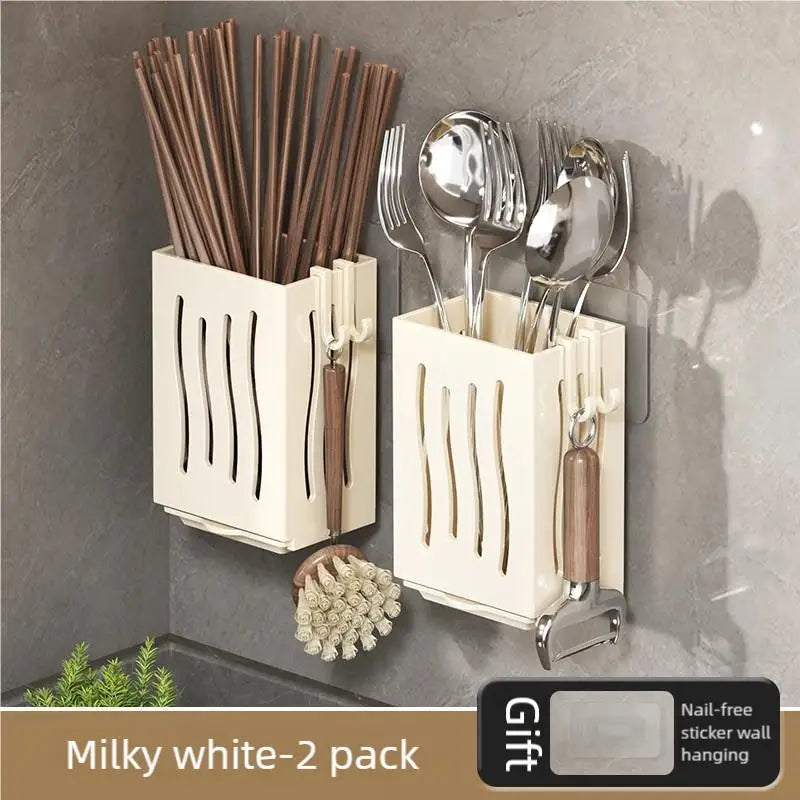 Kitchen Wall Mounted Shelf Multifunctional Chopstick and Spoon Cylinder No Hole Installation Drainage Basket Tableware Storage